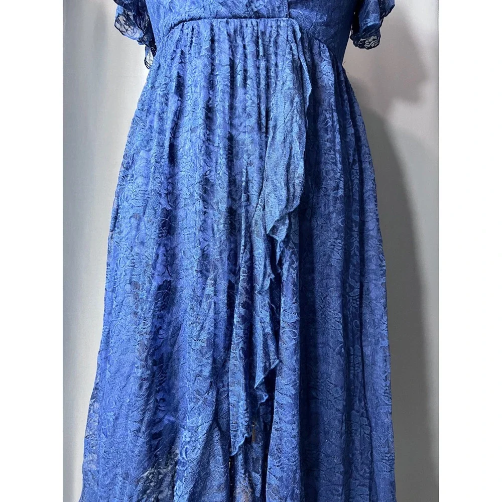 Royal Blue Floral Lace High-Low Faux Wrap Empire Waist Dress with Ruffle Detail - Picture 4 of 13